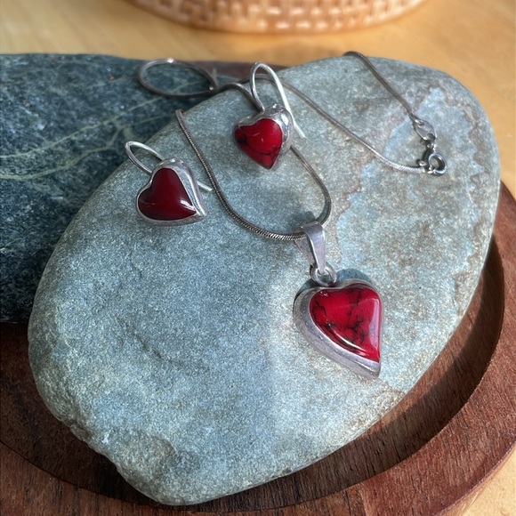 Red Heart Jasper Sterling Earrings and Necklace Mexico - Picture 5 of 12